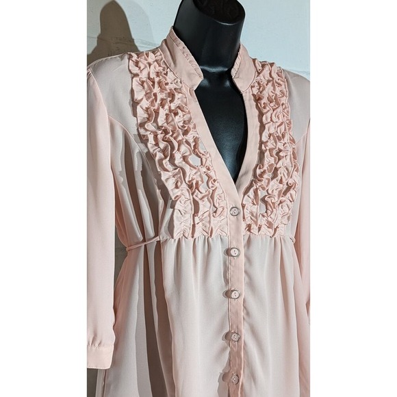 Heart Soul Ruffled Blouse Top Pink 3/4 Sleeve Button Down Tunic Medium - Picture 2 of 5